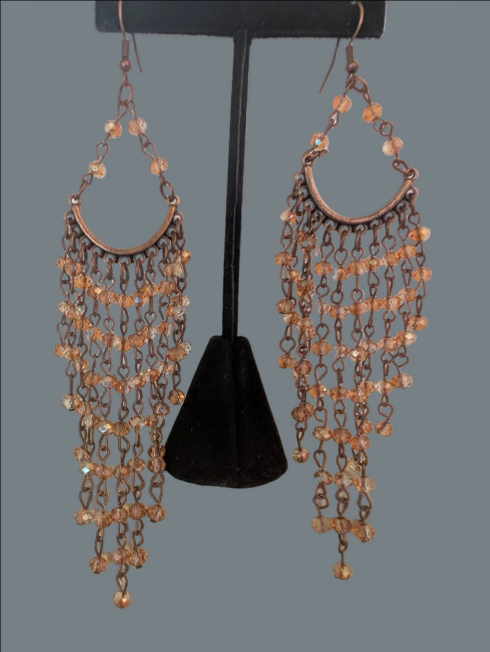 Vintage Dainty Copper Chandelier Earrings Champagne Beads